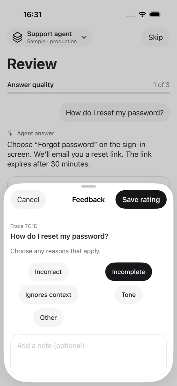 Feedback sheet with reason chips and an optional note field