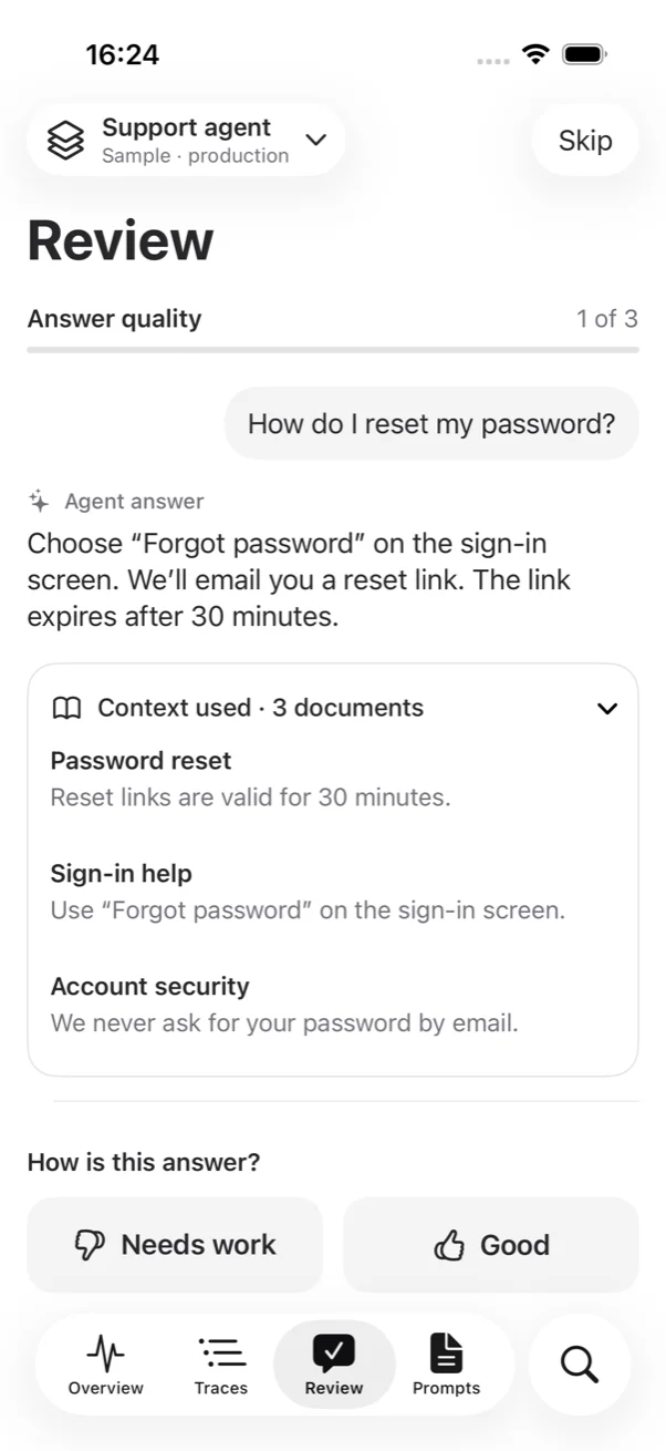 Review screen with a user question, the agent answer, context documents and Needs work and Good buttons