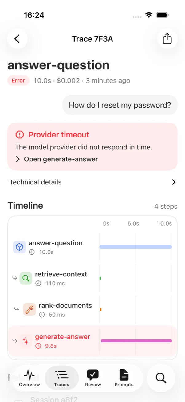 A failed trace showing a provider timeout, a link to the failed step and a four-step timeline on a shared time axis