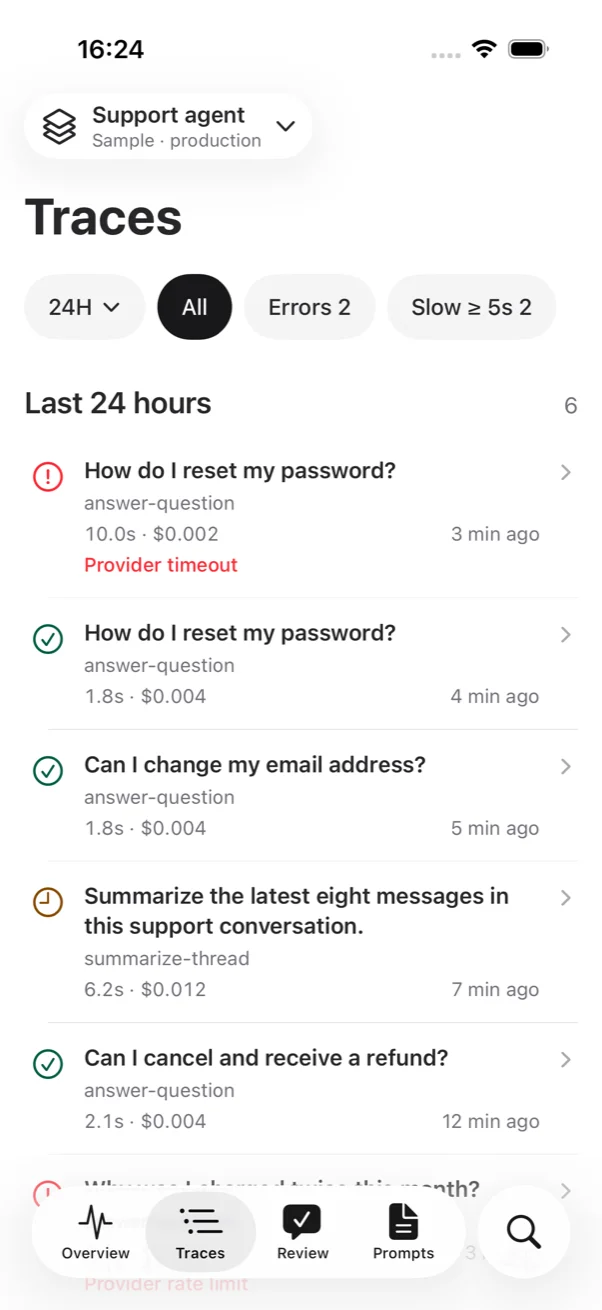 Traces list with status icons, duration, cost and time for each trace, and filters for errors and slow traces